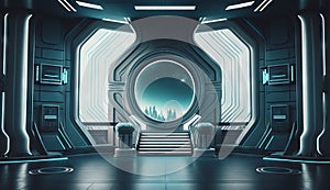 Futuristic interior with empty stage. Modern Future background. Generative ai