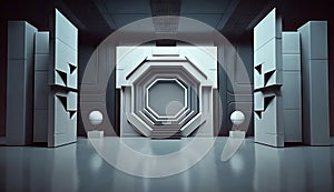 Futuristic interior with empty stage. Modern Future background. Generative ai