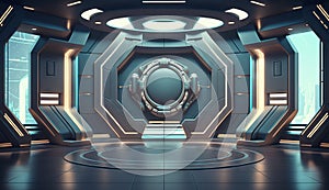 Futuristic interior with empty stage. Modern Future background. Generative ai