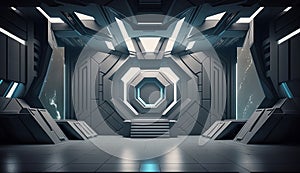 Futuristic interior with empty stage. Modern Future background. Generative ai