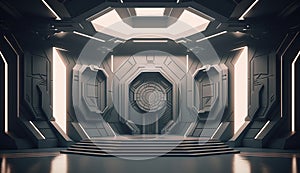 Futuristic interior with empty stage. Modern Future background. Generative ai