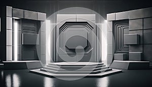 Futuristic interior with empty stage. Modern Future background. Generative ai