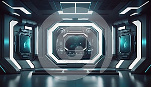 Futuristic interior with empty stage. Modern Future background. Generative ai