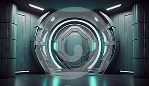 Futuristic interior with empty stage. Modern Future background. Generative ai