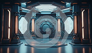 Futuristic interior with empty stage. Modern Future background. Generative ai