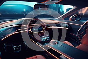 Futuristic interior of luxury car. Technology car dashboard. Generative AI