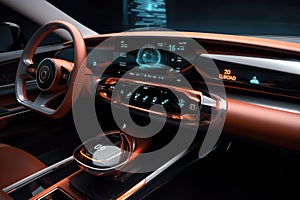 Futuristic interior of luxury car. Technology car dashboard. Generative AI