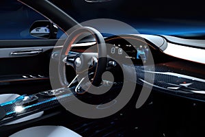 Futuristic interior of luxury car. Technology car dashboard. Generative AI