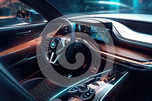 Futuristic interior of luxury car. Technology car dashboard. Generative AI