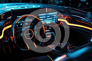Futuristic interior of luxury car. Technology car dashboard. Generative AI