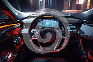 Futuristic interior of luxury car. Technology car dashboard. Generative AI