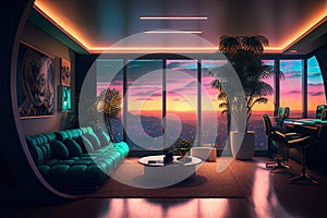 Futuristic interior room with open view in residential building. Modern cyberpunk apartment livingroom with neon lighting