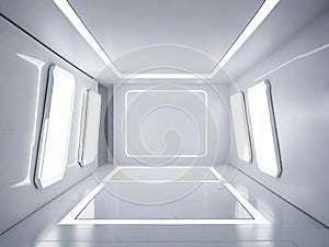 futuristic interior of sci fi corridor with neon lights and reflections on white background