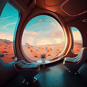 futuristic interior of space ship with comfortable seats and large panoramic windows