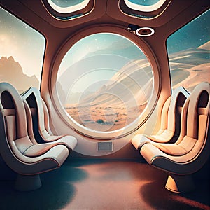 futuristic interior of space ship with comfortable seats and large panoramic windows