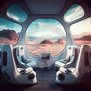 futuristic interior of space ship with comfortable seats and large panoramic windows