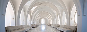 Futuristic interior space with white vaulted ceiling and walls and large arched windows