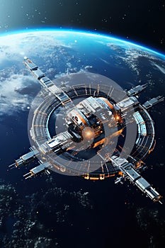 futuristic interstellar space station on planet orbit, spaceship orbiting in open cosmos, futuristic spacecraft in