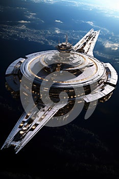 futuristic interstellar space station on planet orbit, spaceship orbiting in open cosmos, futuristic spacecraft in