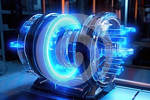 futuristic ion thruster engine emitting blue plasma