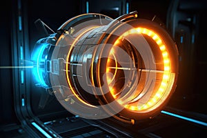 futuristic ion thruster engine glowing in space