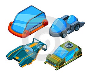 Futuristic isometric cars. Vector 3d low poly futuristic automobiles