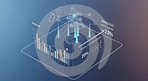 Futuristic isometric 3d visualization of data analysis and digital network connection