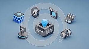 Futuristic isometric technology icons representing data cloud server ai robot and digital interface