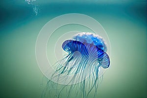 Futuristic jellyfish light passes through water abstract dark background. Moon jelly fish with glowing volume-rays