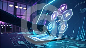 Futuristic 4K Hand Interacting with Glowing API Interface and Hexagonal Icons