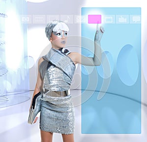 Futuristic kid girl silver touching finger icons