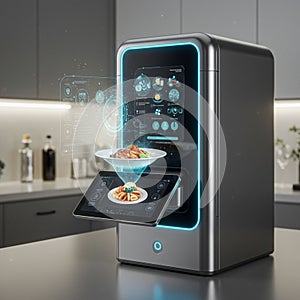 Futuristic kitchen appliance with a sleek, metallic design featuring a digital
