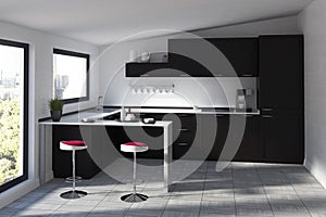 Futuristic kitchen with a bar, black