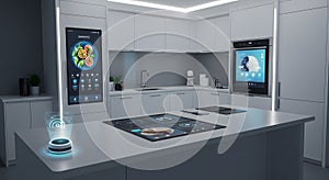 Futuristic Smart Kitchen with Integrated Technology and Holographic Display