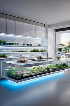 Futuristic Kitchen with Integrated Hydroponic Garden