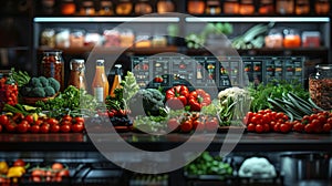 A futuristic kitchen scene with holographic projections of grocery lists meal plans and budget calculations. The photo