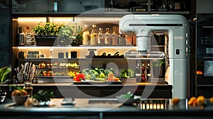 A futuristic kitchen where a robotic chef prepares meals tailored to individual health needs, using sustainably sourced