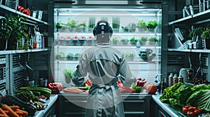 A futuristic kitchen where a robotic chef prepares meals tailored to individual health needs, using sustainably sourced