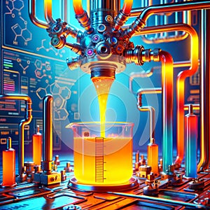 Futuristic lab with a complex machine pouring orange juice into a beaker