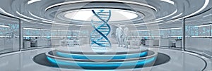 Futuristic Lab Features AI Assistant Teaching DNA Structure With a Clean, Spacious Design and Advanced Technology