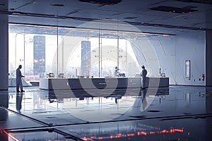 Futuristic lab interior, scientists at work, city view