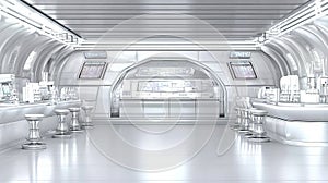Futuristic lab interior; sterile, white, research, monitors, spaceship