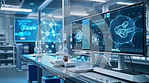 Futuristic lab setup with hologram.