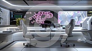 Futuristic lab setup with hologram.