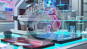 Futuristic lab setup with hologram.