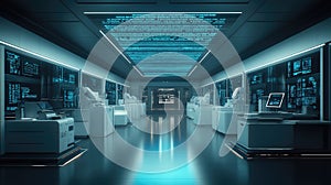 Futuristic laboratory with advanced technology and data screens