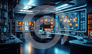 Futuristic laboratory with advanced technology and data visualization displays