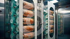 Futuristic laboratory with a cultured meat in a big fridges