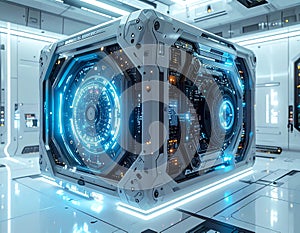 Futuristic Quantum AI Computer Core with Glowing Digital Processor in Advanced Technology Laboratory AI Generated