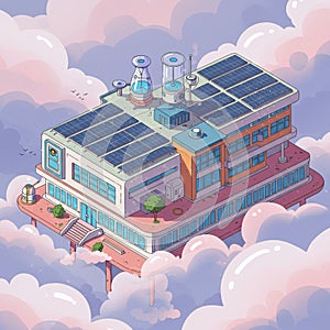 Futuristic laboratory floating in the sky, surrounded by clouds. The